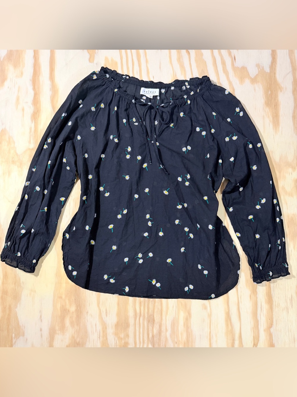 Velvet Graham Spencer M Black Floral Peasant Top Long Sleeve Cotton Bohemian
